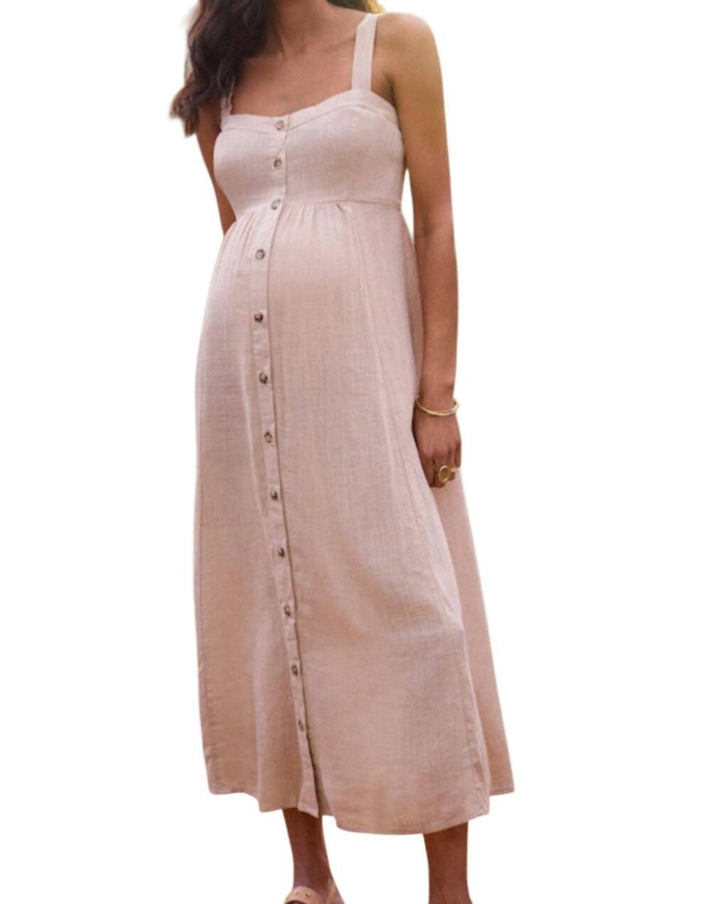 NWT Seraphine Dress Women's 10 Maternity Nursing Beige Button Front Midi Linen